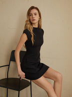 Mini Dress Womens A Line Mock Neck Short Sleeve Pockets