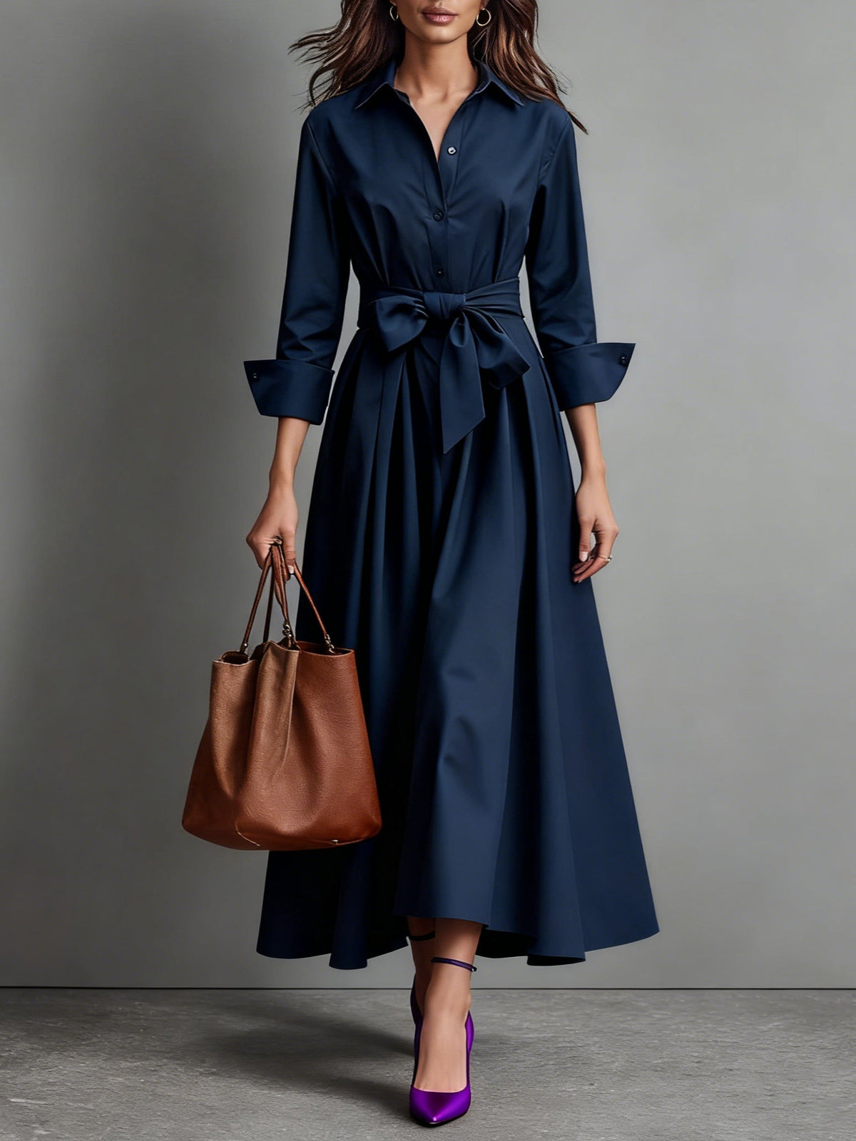 Shirt Dress Women Midi A-Line Button Front Tie Belt | Ondina