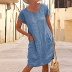 Linen Dress Women Lightweight Midi Short Sleeve Pockets