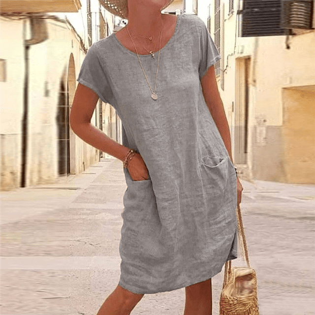 Linen Dress Women Lightweight Midi Short Sleeve Pockets