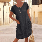 Linen Dress Women Lightweight Midi Short Sleeve Pockets