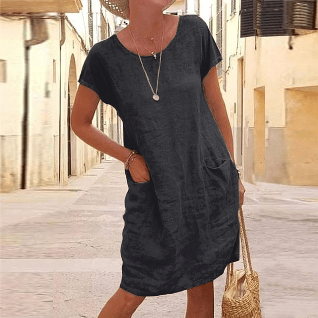 Linen Dress Women Lightweight Midi Short Sleeve Pockets