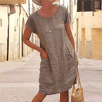 Linen Dress Women Lightweight Midi Short Sleeve Pockets