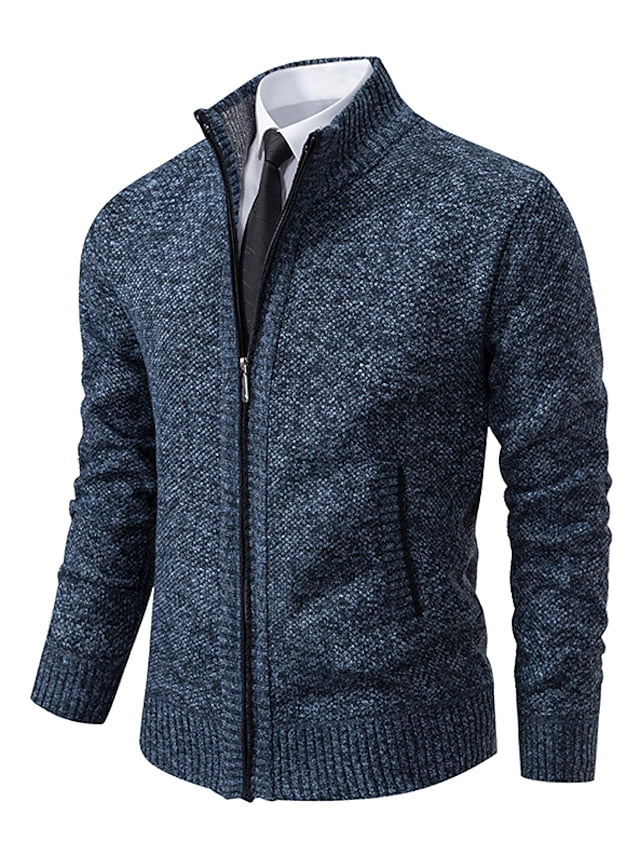 Men Ribbed Knit Full Zip Cardigan Stand Collar
