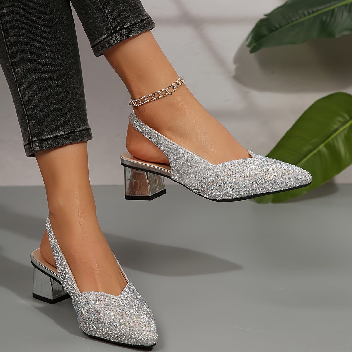 Sequin-Style Court Shoes | Women's Glitter-Textured Pointed Toe