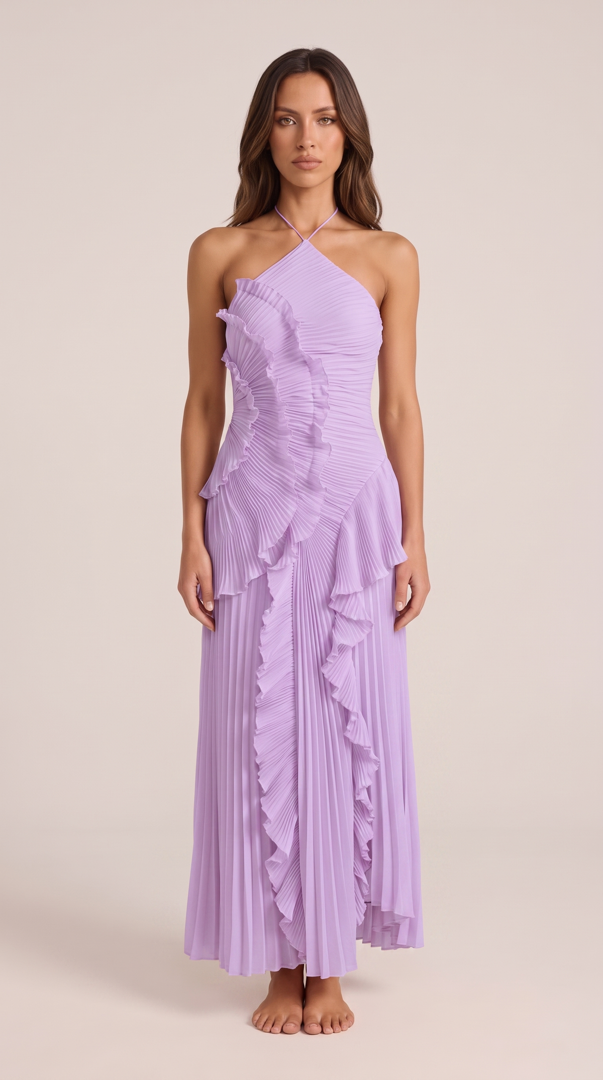 Halterneck Maxi Dress Women Ruffle Asymmetric Hem Sleeveless | Yvaine