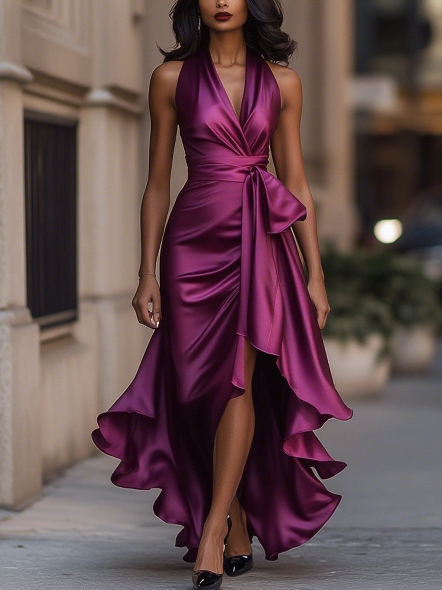 Wrap Dress Women Sleeveless V Neck Midi Length