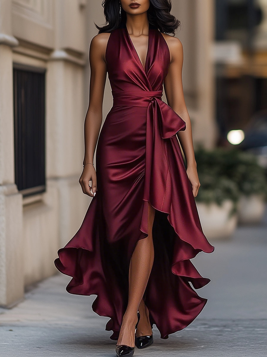 Wrap Dress Women Sleeveless V Neck Midi Length