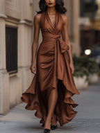 Wrap Dress Women Sleeveless V Neck Midi Length