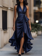 Wrap Dress Women Sleeveless V Neck Midi Length