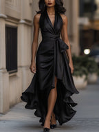 Wrap Dress Women Sleeveless V Neck Midi Length
