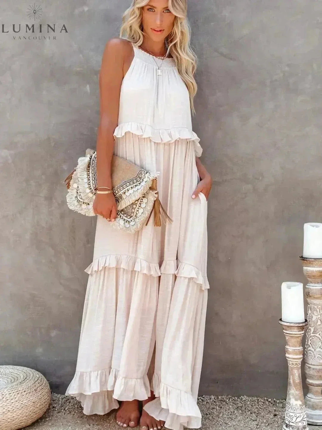 Halterneck Maxi Dress Women Ruffle Pockets Relaxed Fit | Luna