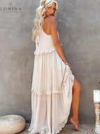 Halterneck Maxi Dress Women Ruffle Pockets Relaxed Fit | Luna