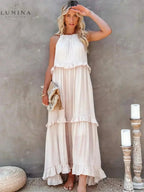 Halterneck Maxi Dress Women Ruffle Pockets Relaxed Fit | Luna