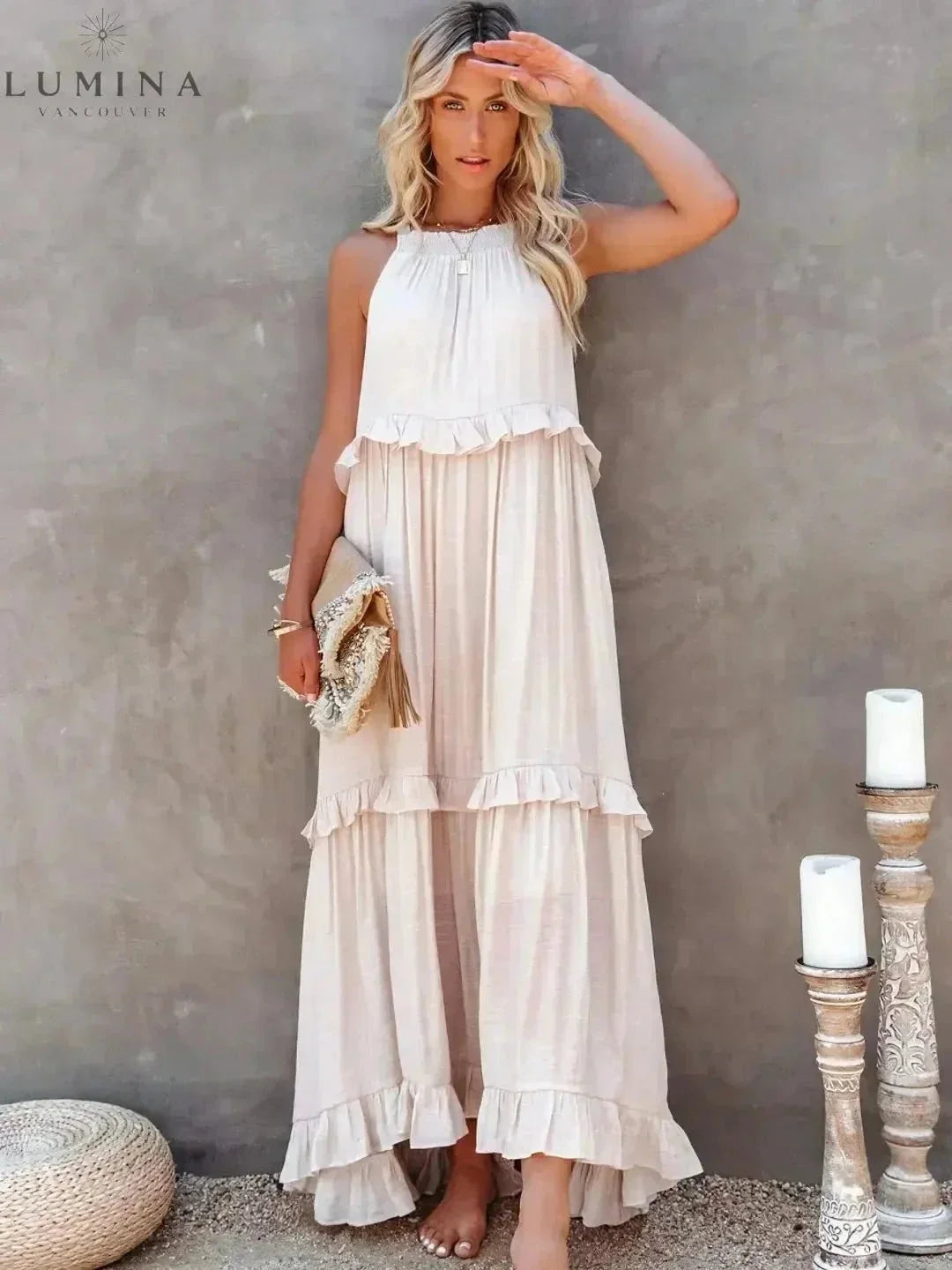 Halterneck Maxi Dress Women Ruffle Pockets Relaxed Fit | Luna