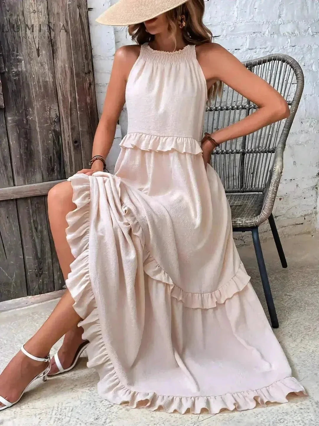 Halterneck Maxi Dress Women Ruffle Pockets Relaxed Fit | Luna