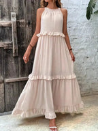 Halterneck Maxi Dress Women Ruffle Pockets Relaxed Fit | Luna