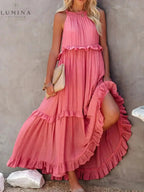 Halterneck Maxi Dress Women Ruffle Pockets Relaxed Fit | Luna