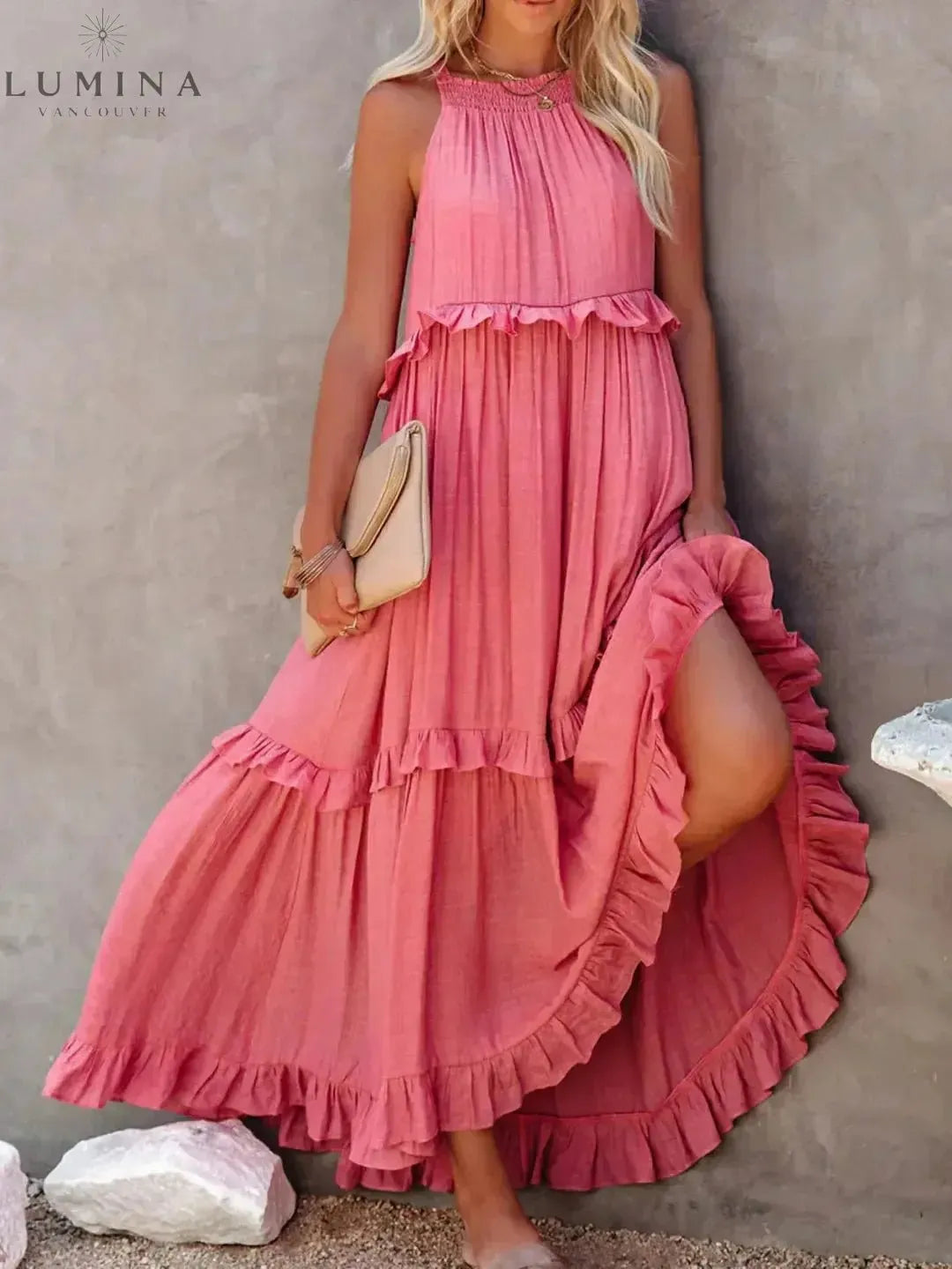 Halterneck Maxi Dress Women Ruffle Pockets Relaxed Fit | Luna