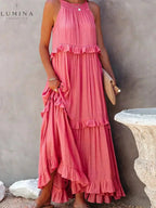 Halterneck Maxi Dress Women Ruffle Pockets Relaxed Fit | Luna