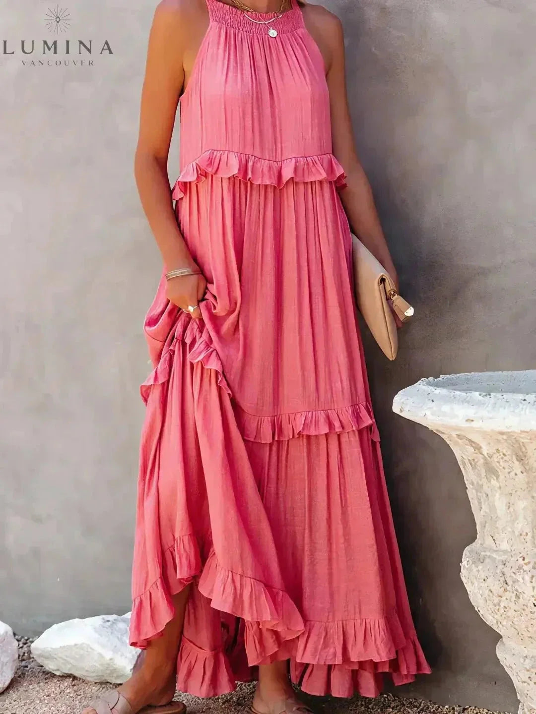 Halterneck Maxi Dress Women Ruffle Pockets Relaxed Fit | Luna