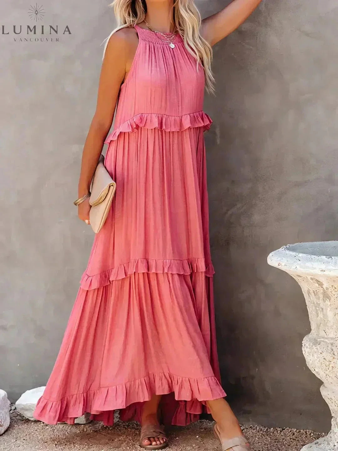 Halterneck Maxi Dress Women Ruffle Pockets Relaxed Fit | Luna