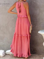 Halterneck Maxi Dress Women Ruffle Pockets Relaxed Fit | Luna