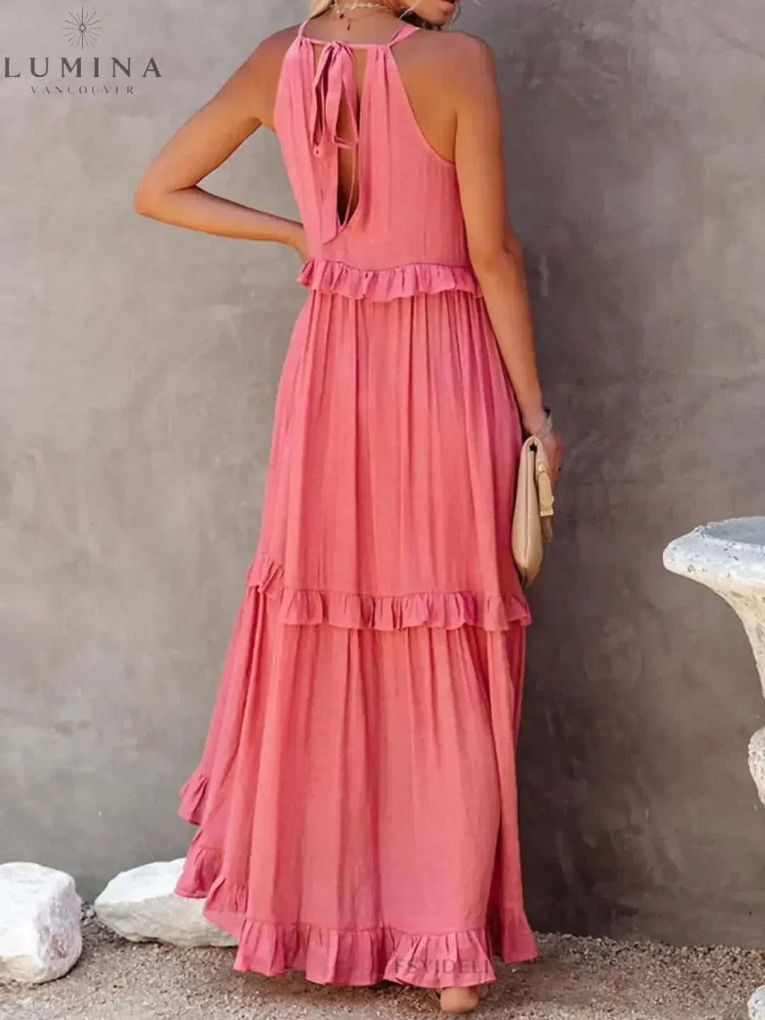 Halterneck Maxi Dress Women Ruffle Pockets Relaxed Fit | Luna