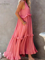 Halterneck Maxi Dress Women Ruffle Pockets Relaxed Fit | Luna