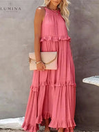 Halterneck Maxi Dress Women Ruffle Pockets Relaxed Fit | Luna