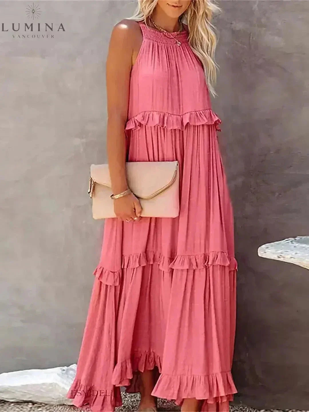 Halterneck Maxi Dress Women Ruffle Pockets Relaxed Fit | Luna