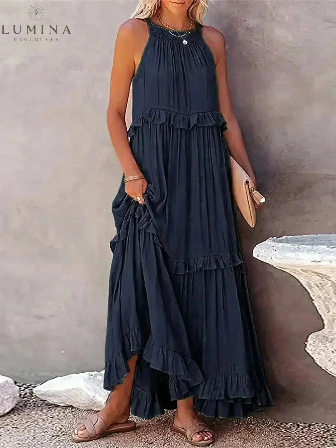 Halterneck Maxi Dress Women Ruffle Pockets Relaxed Fit | Luna