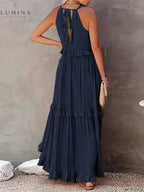 Halterneck Maxi Dress Women Ruffle Pockets Relaxed Fit | Luna