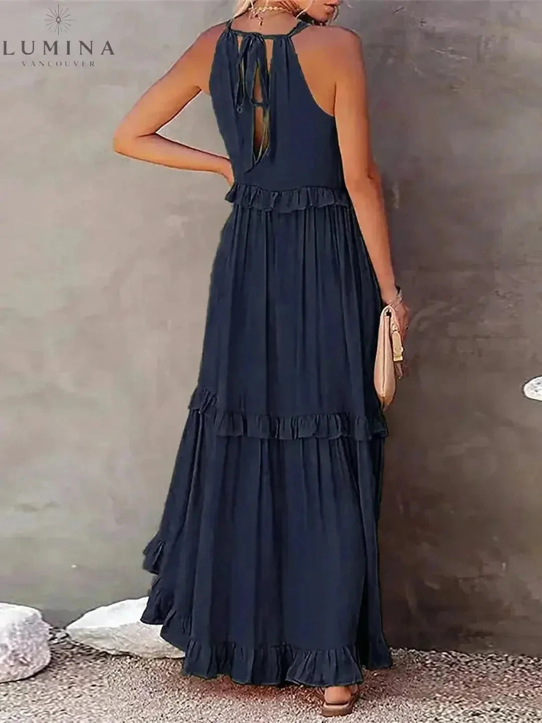 Halterneck Maxi Dress Women Ruffle Pockets Relaxed Fit | Luna