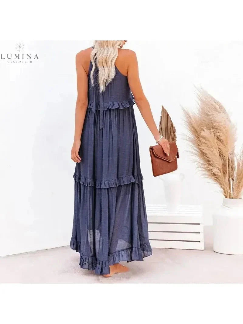 Halterneck Maxi Dress Women Ruffle Pockets Relaxed Fit | Luna