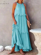 Halterneck Maxi Dress Women Ruffle Pockets Relaxed Fit | Luna