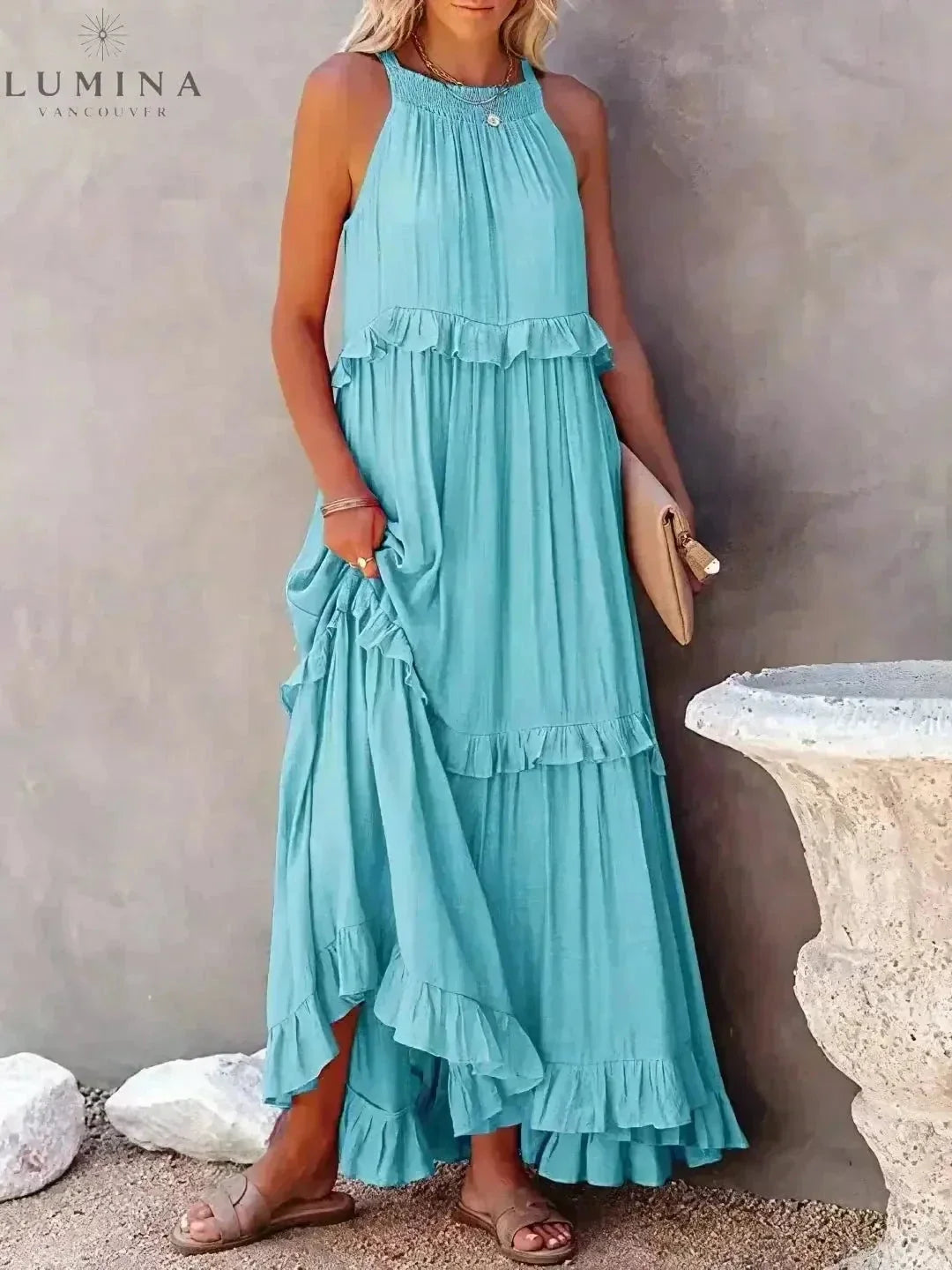 Halterneck Maxi Dress Women Ruffle Pockets Relaxed Fit | Luna