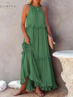 Halterneck Maxi Dress Women Ruffle Pockets Relaxed Fit | Luna