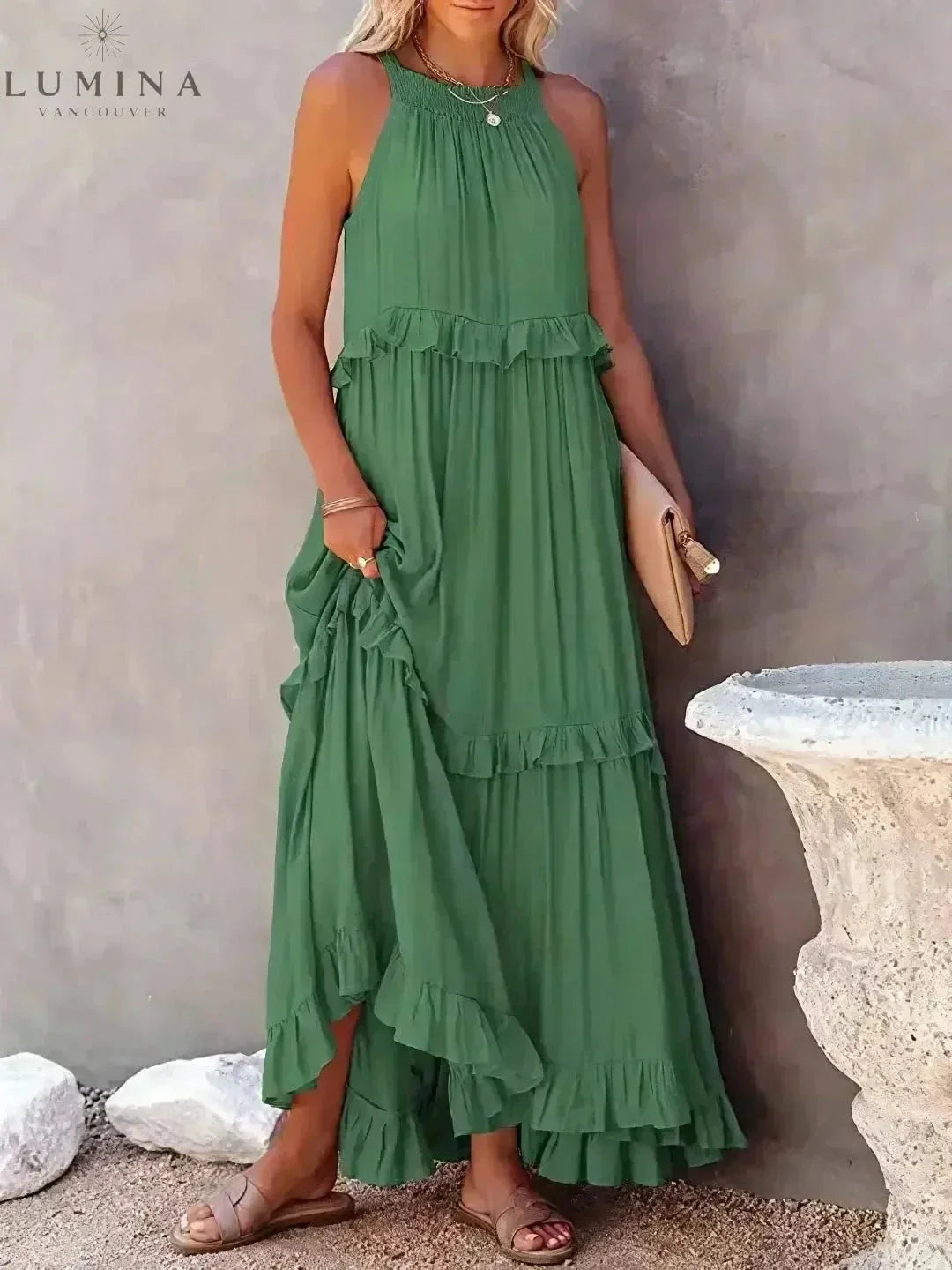 Halterneck Maxi Dress Women Ruffle Pockets Relaxed Fit | Luna