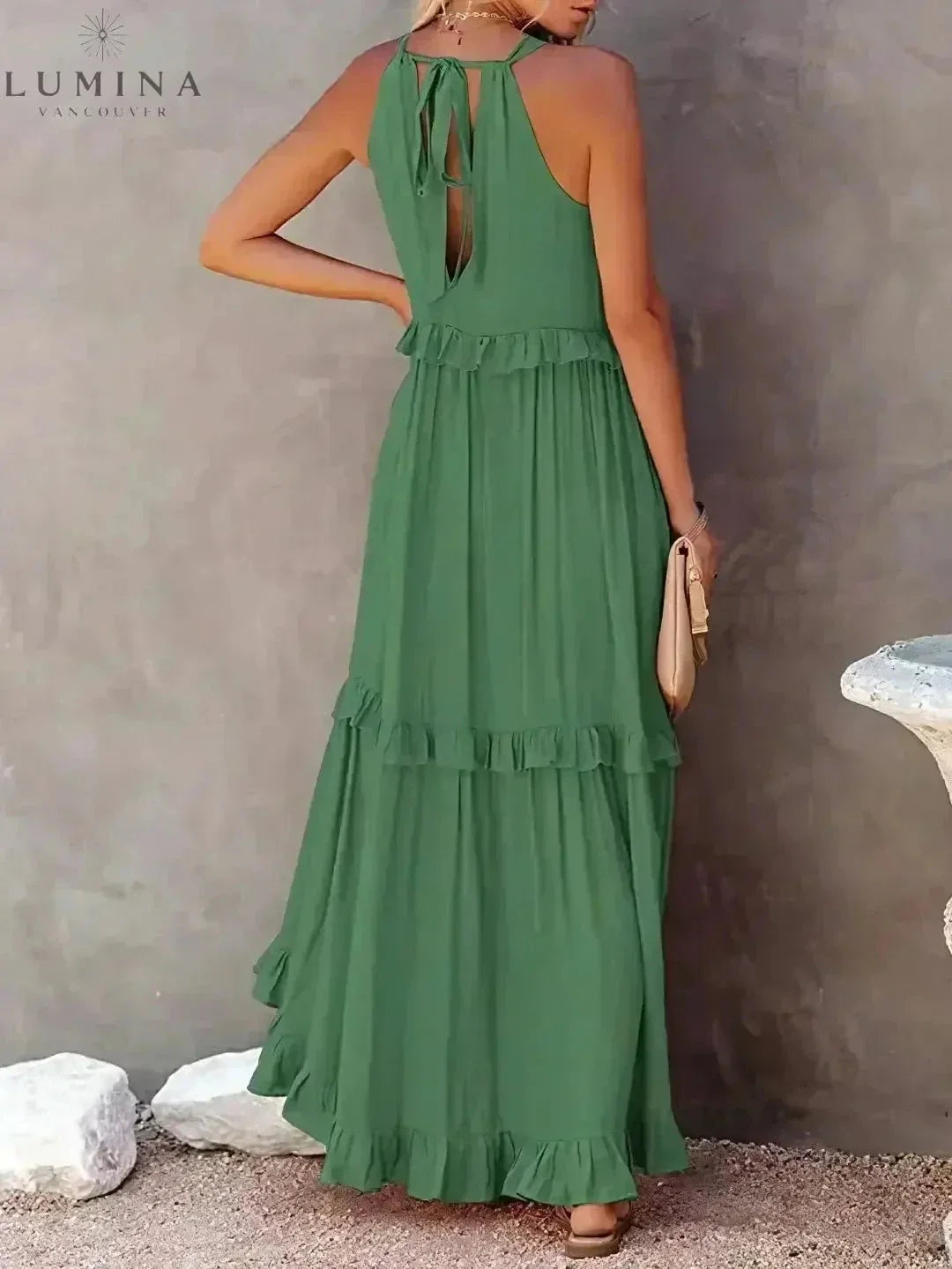 Halterneck Maxi Dress Women Ruffle Pockets Relaxed Fit | Luna