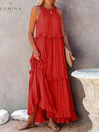 Halterneck Maxi Dress Women Ruffle Pockets Relaxed Fit | Luna