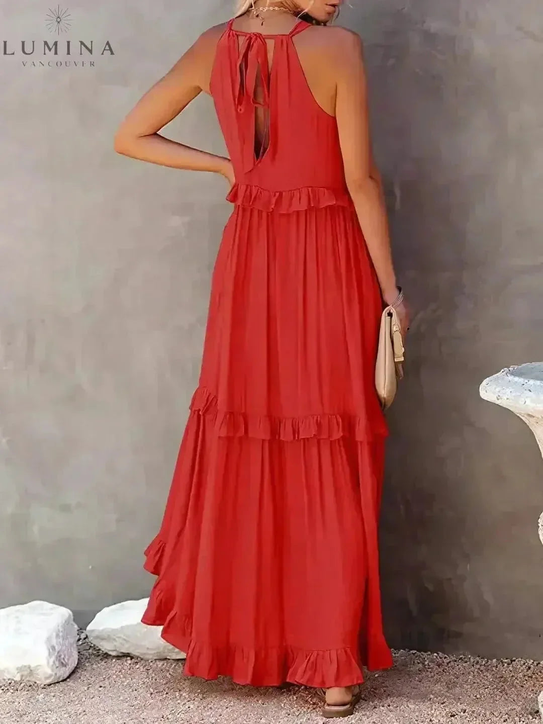 Halterneck Maxi Dress Women Ruffle Pockets Relaxed Fit | Luna