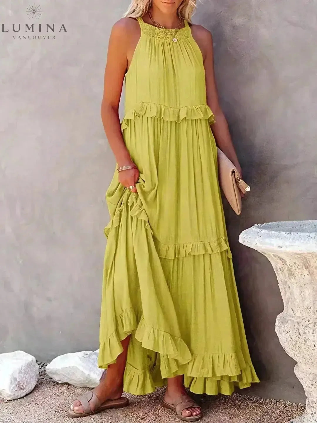 Halterneck Maxi Dress Women Ruffle Pockets Relaxed Fit | Luna