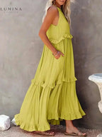 Halterneck Maxi Dress Women Ruffle Pockets Relaxed Fit | Luna