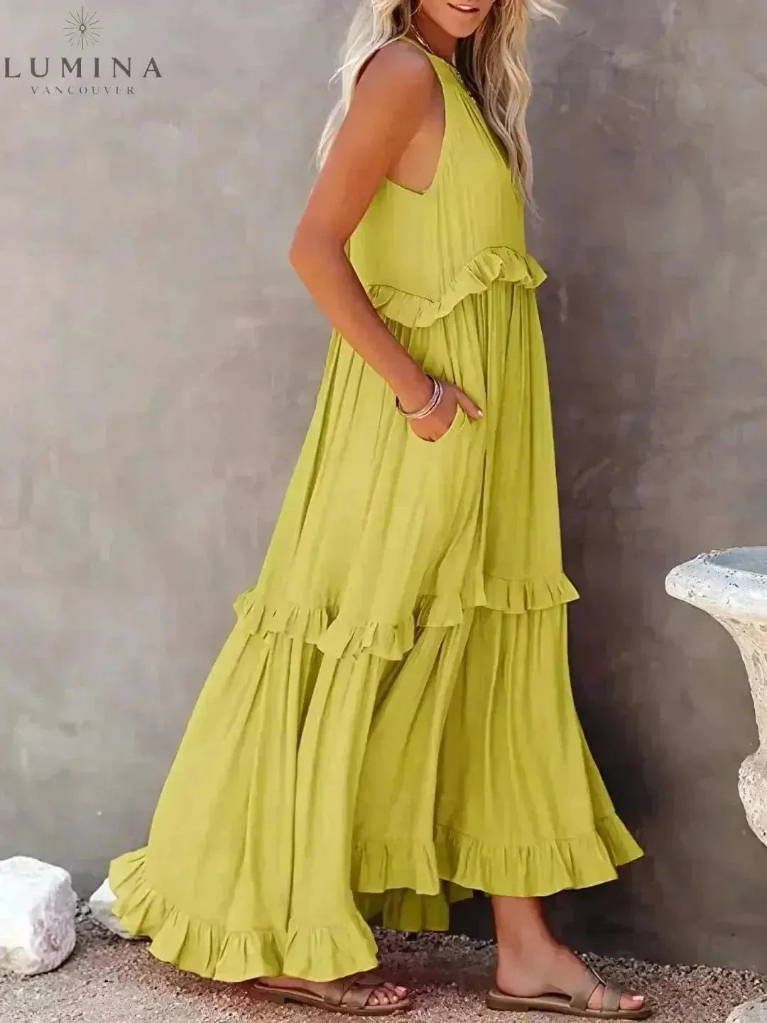 Halterneck Maxi Dress Women Ruffle Pockets Relaxed Fit | Luna