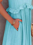 Halterneck Maxi Dress Women Ruffle Pockets Relaxed Fit | Luna