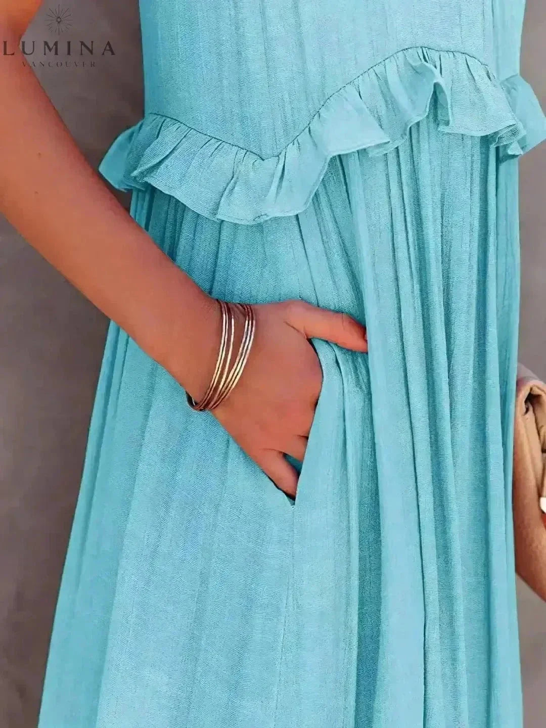 Halterneck Maxi Dress Women Ruffle Pockets Relaxed Fit | Luna