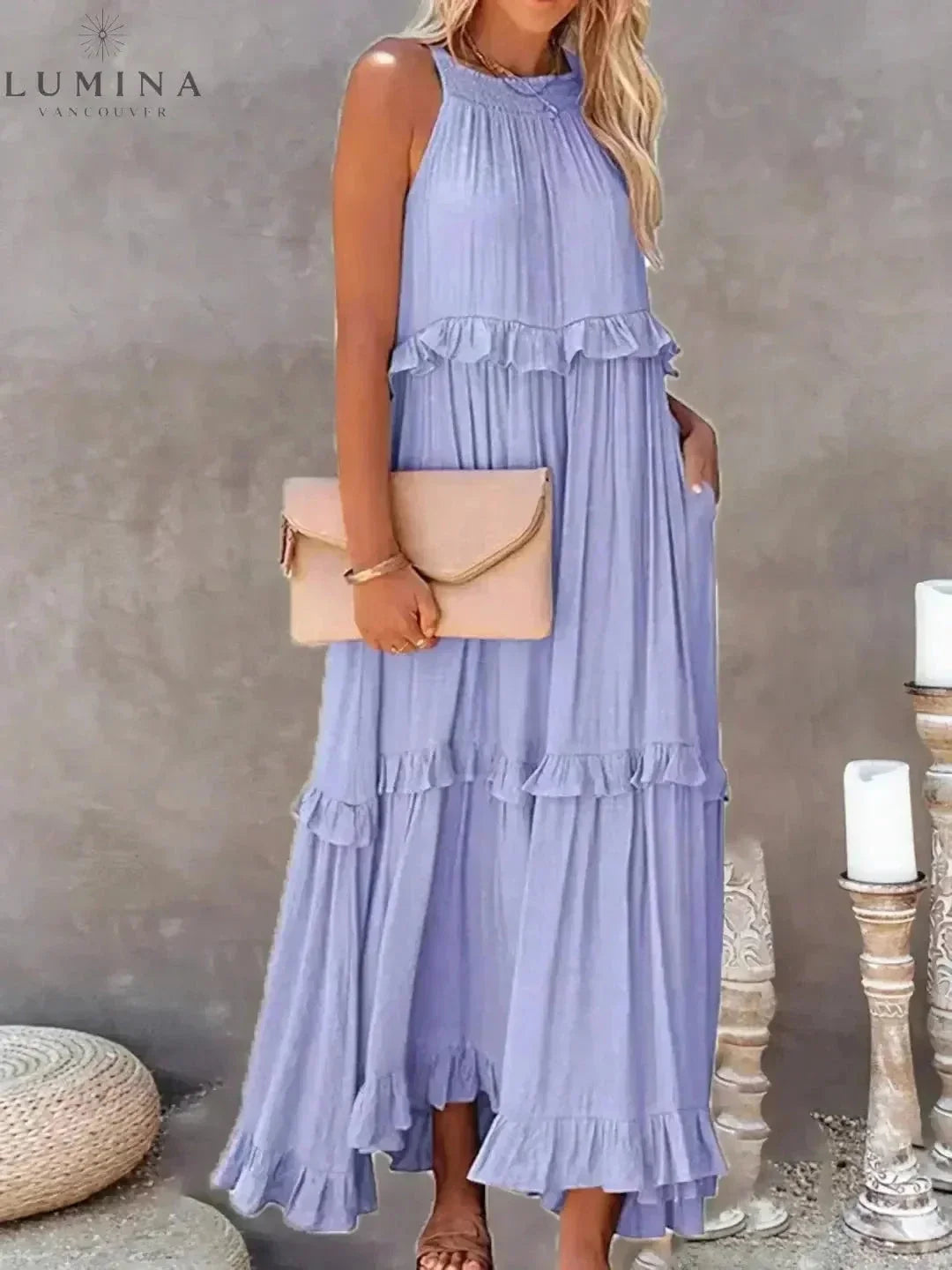 Halterneck Maxi Dress Women Ruffle Pockets Relaxed Fit | Luna