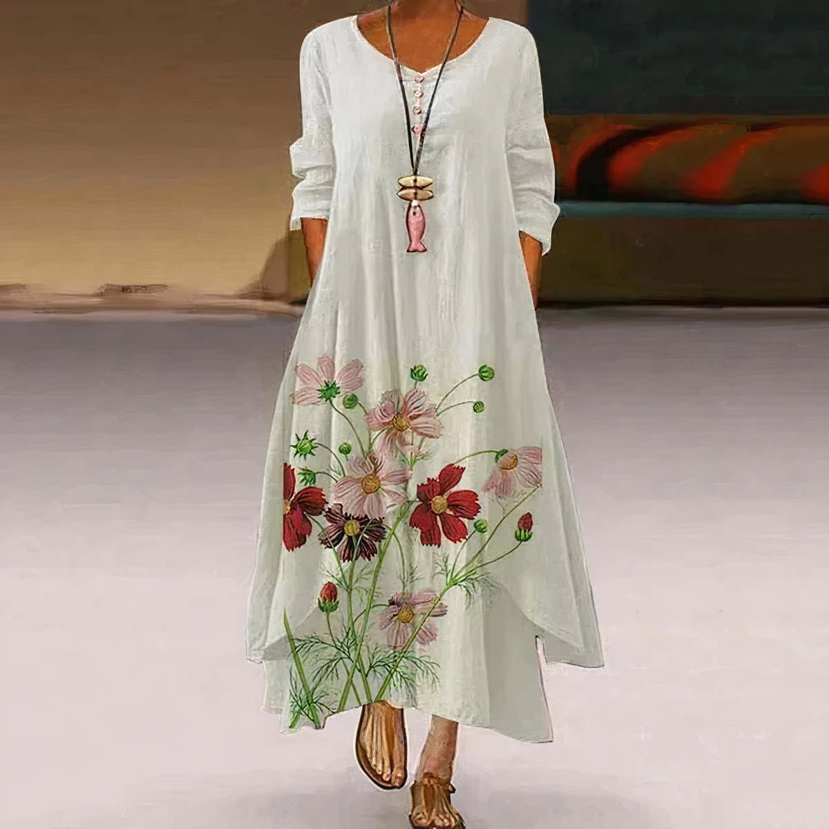 Long Sleeve Dress Women Floral Asymmetric Hem Relaxed Fit | Dione