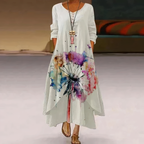 Long Sleeve Dress Women Floral Asymmetric Hem Relaxed Fit | Dione